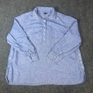 Talbots Plus Womens 2X Blue 100% Linen Tunic Roll Tab Sleeve Side Button Top